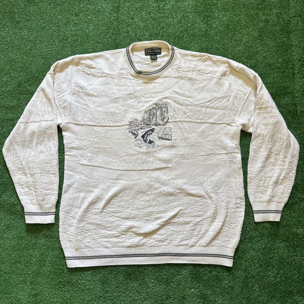 Vintage Croft & Barrow Sweater Men’s Large Nature Fishing Textured Made In USA